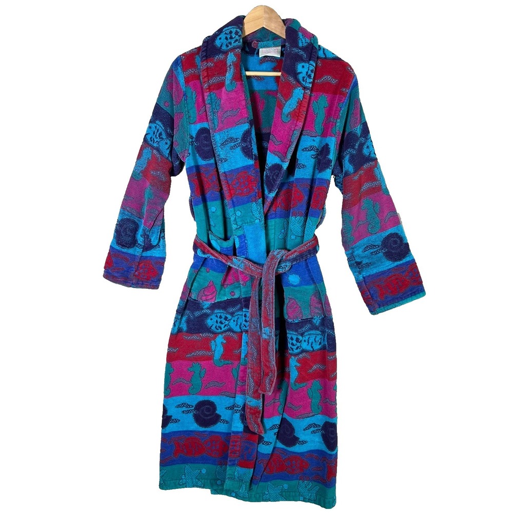 Vintage TJ Lawford Turkish‎ Cotton Terry Cloth Robe Colorful Print Belted Size S